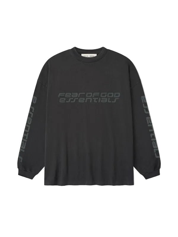 Black long-sleeve shirt with 'Fear of God Essentials' text on a white background