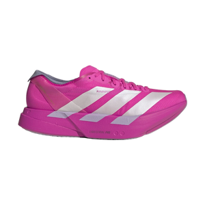 Pink Adidas sneaker with white stripes on a white background