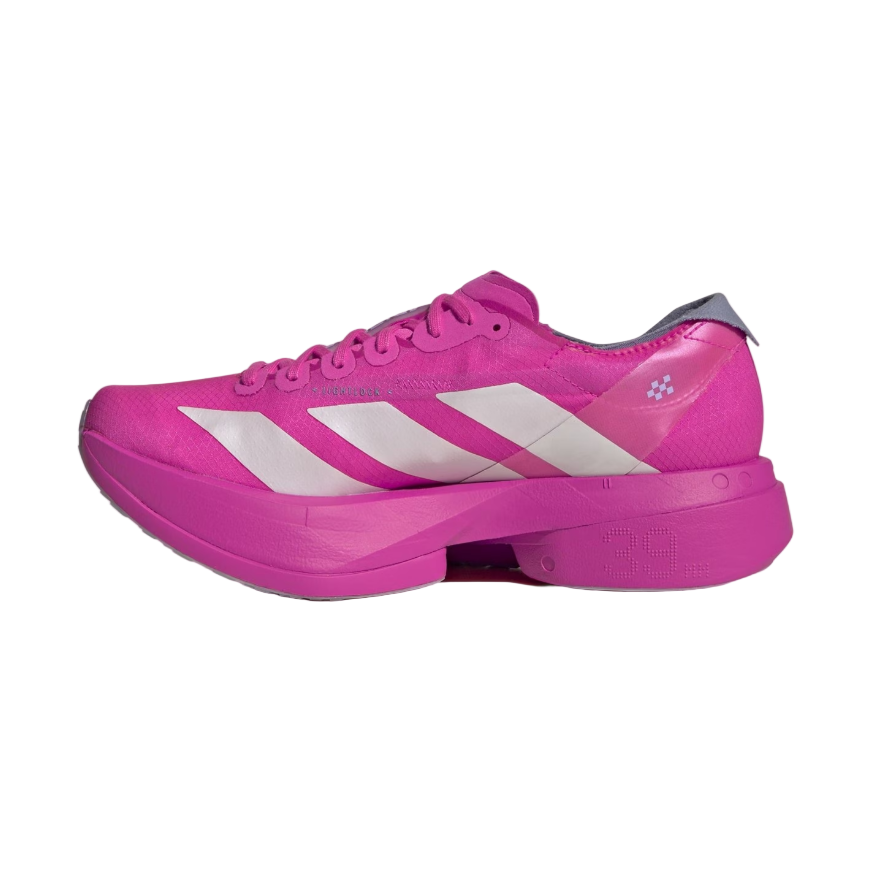 Pink Adidas shoe with white stripes on a white background