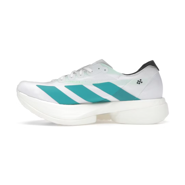 White sneaker with green stripes on a white background