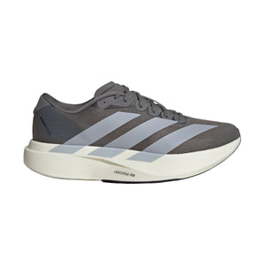 Gray Adidas running shoe with three stripes on a light gray background