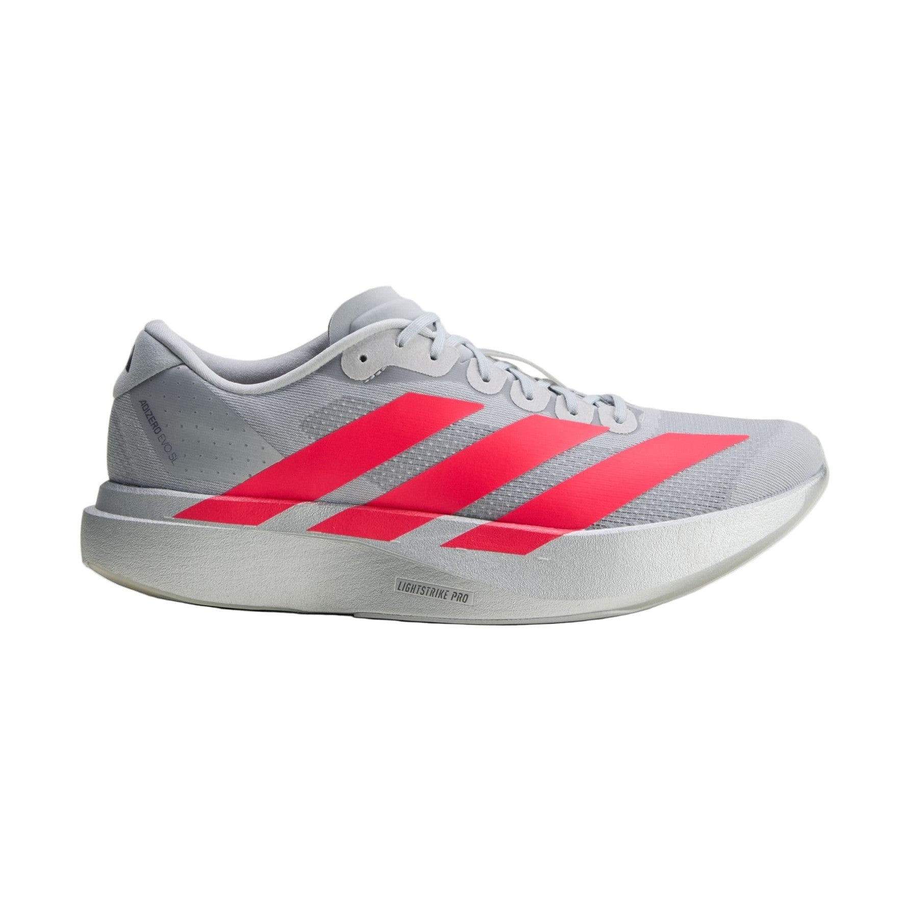 Gray Adidas running shoe with red stripes on a light gray background