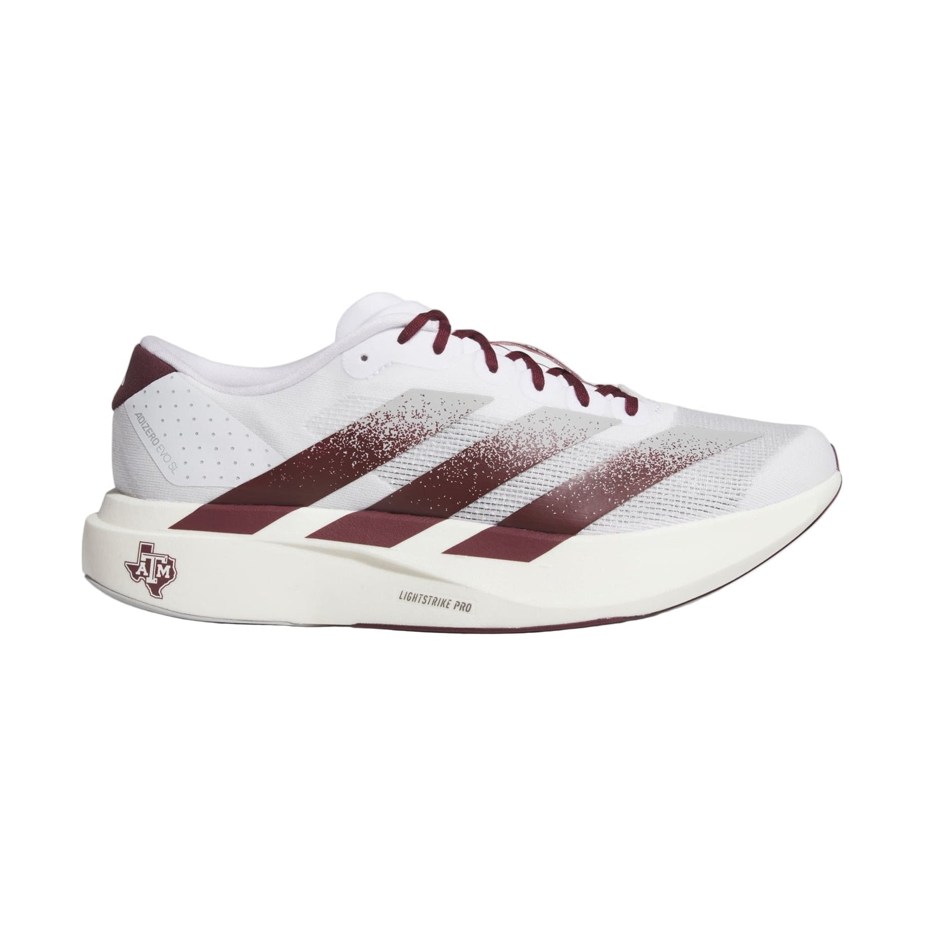 White running shoe with maroon accents on a light gray background