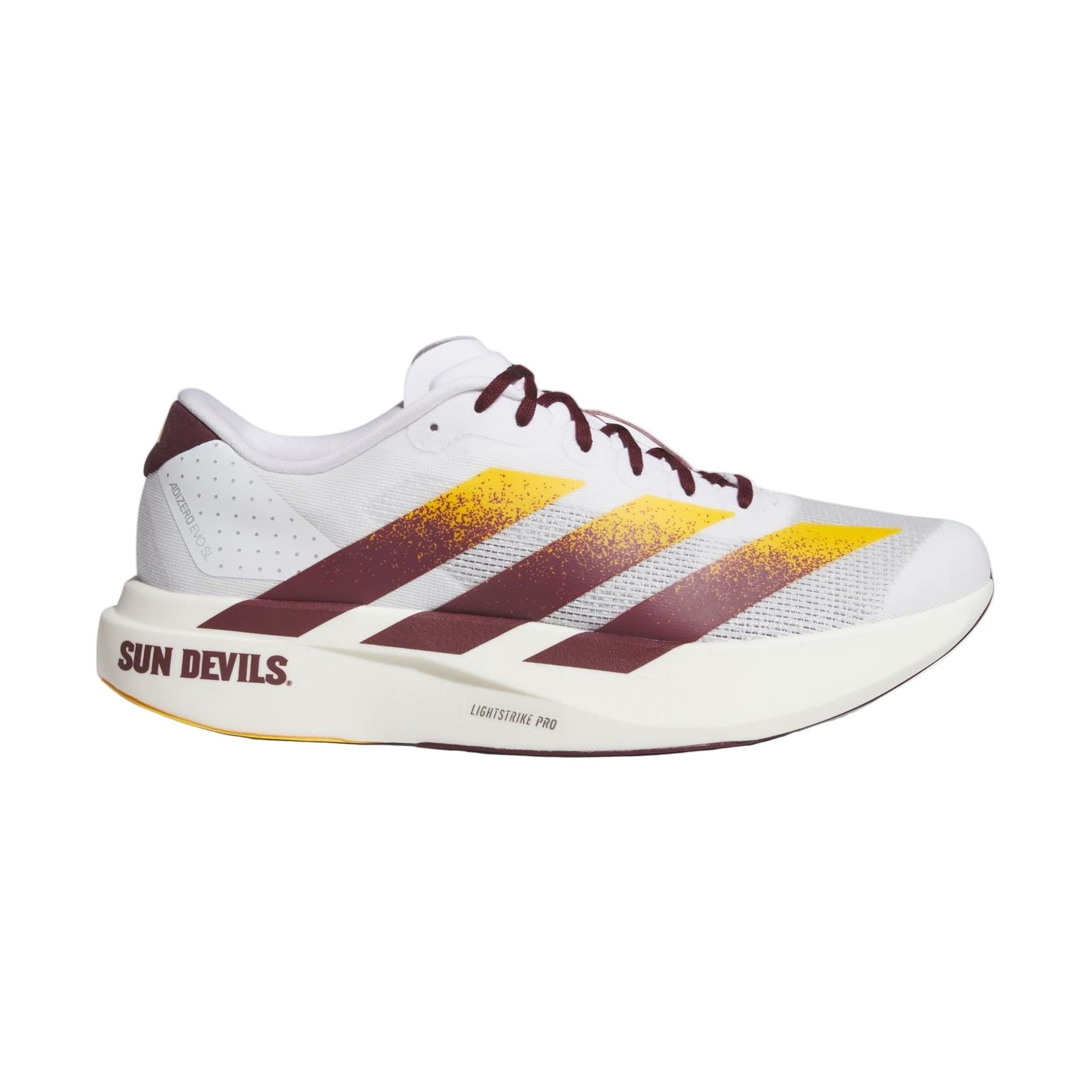 White running shoe with maroon and yellow accents on a light gray background