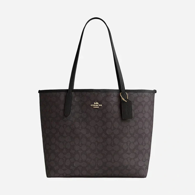 Coach Large City Tote Bag In Maxi Signature Canvas Signature Canvas-Gold-Walnut-Black