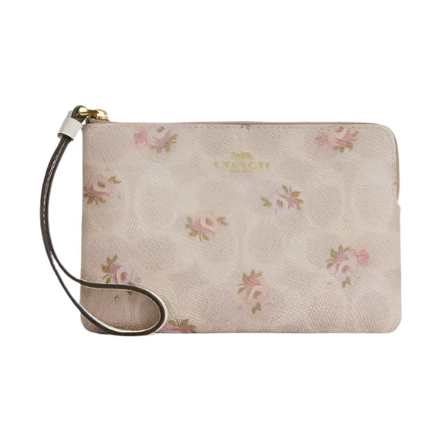 COACH Corner Zip Wristlet In Signature Canvas With Floral Print Gold/Sand Multi