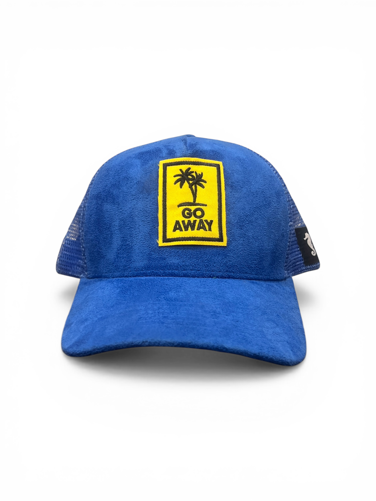 Blue cap with a yellow and black graphic on a white background