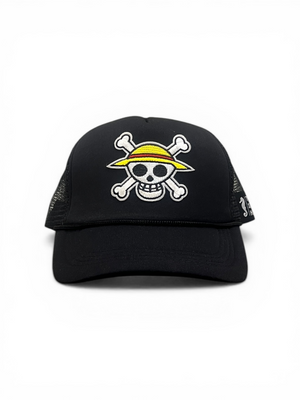 Black cap with a skull and crossbones design on a white background