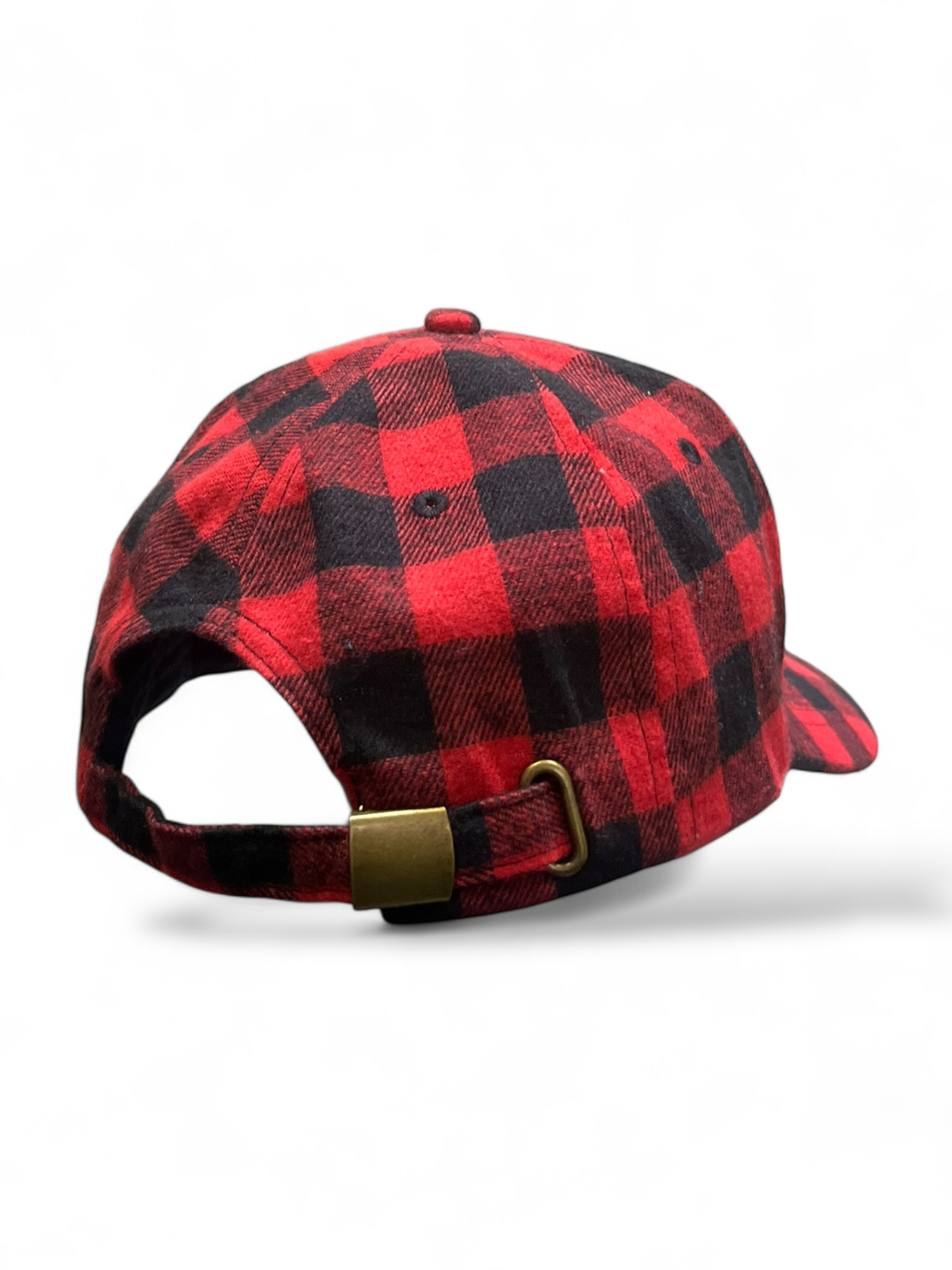Red and black checkered baseball cap with a gold buckle on a white background