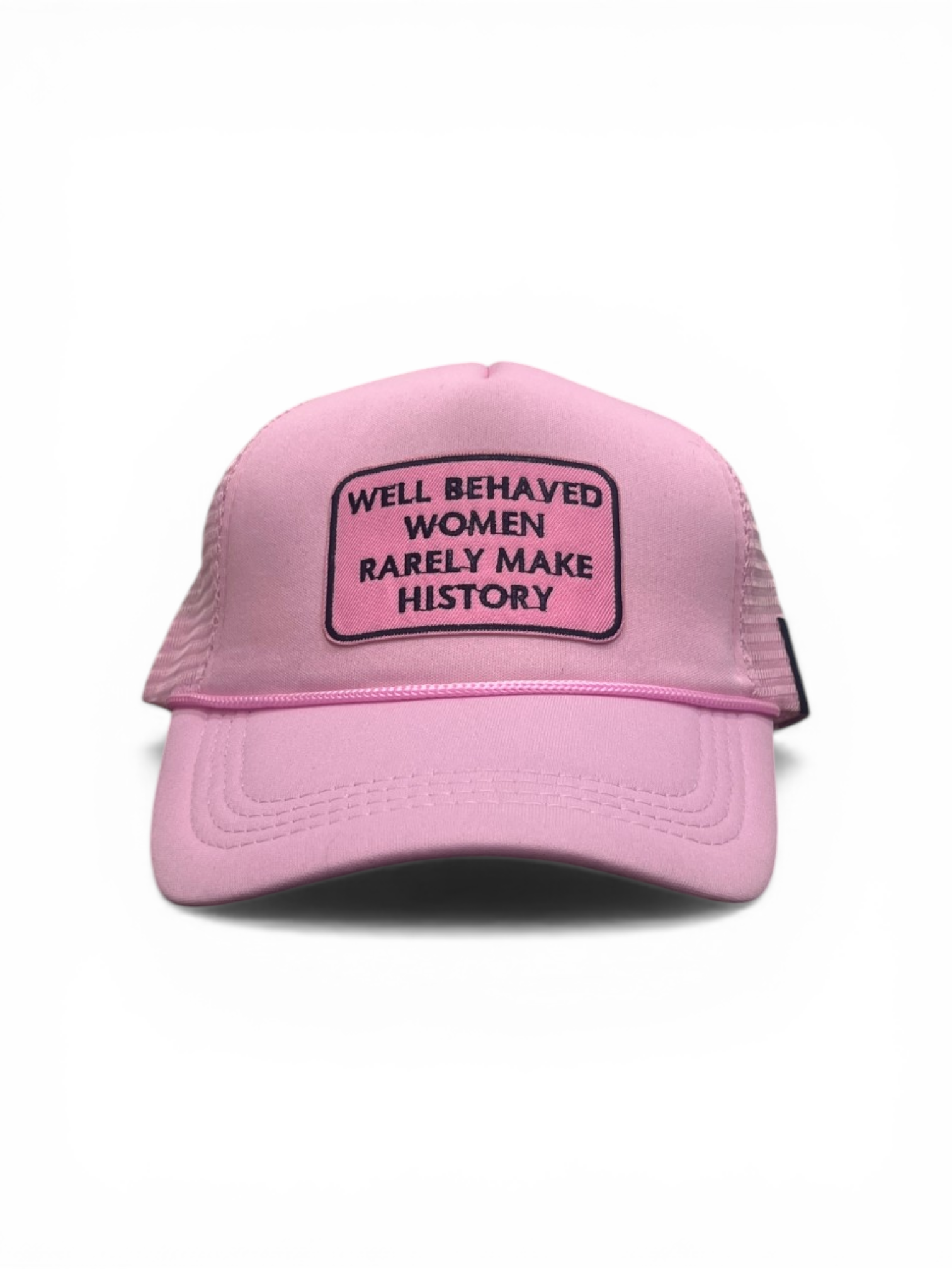 Pink cap with text patch on a white background