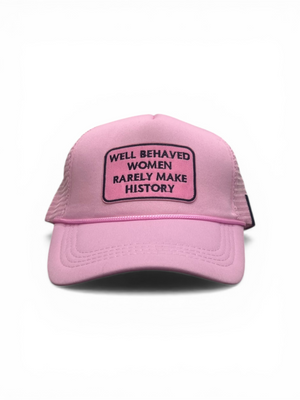 Pink cap with text patch on a white background