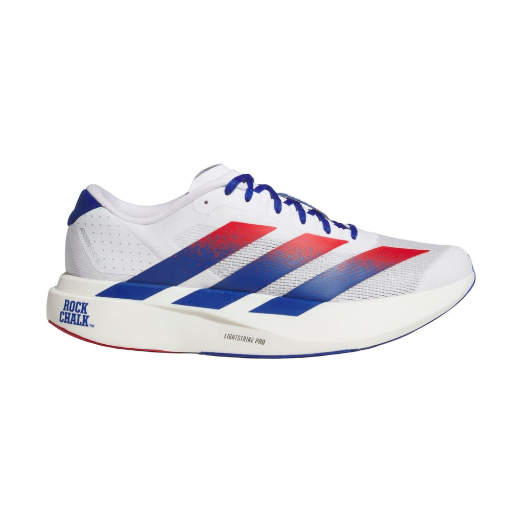 White running shoe with blue and red stripes on a white background
