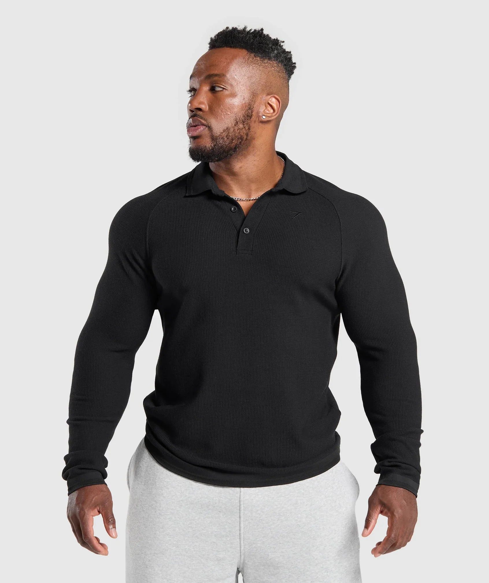 Gymshark Long Sleeve Waffle Polo Shirt - Black