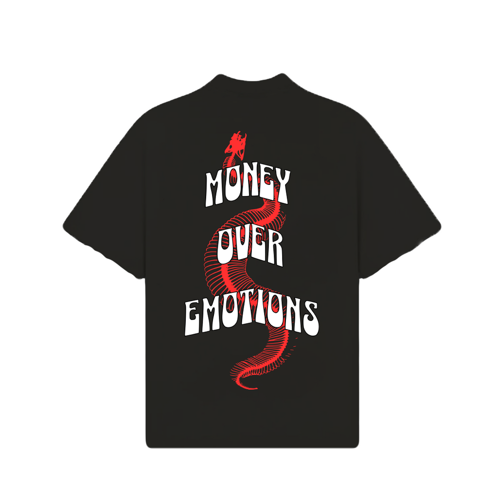 Money over emotions black puff t-shirt