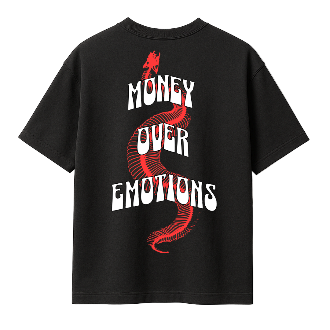 Money over emotions black puff t-shirt