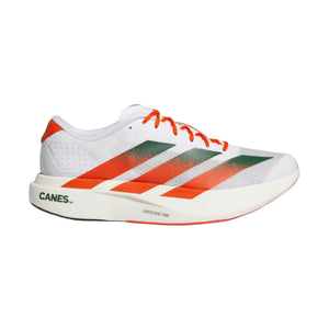 White running shoe with orange and green accents on a white background