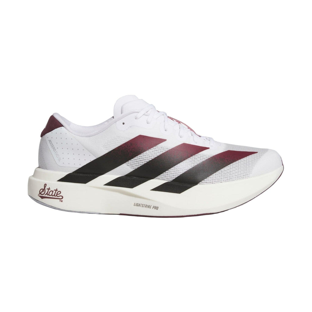 White running shoe with black and red stripes on a light gray background