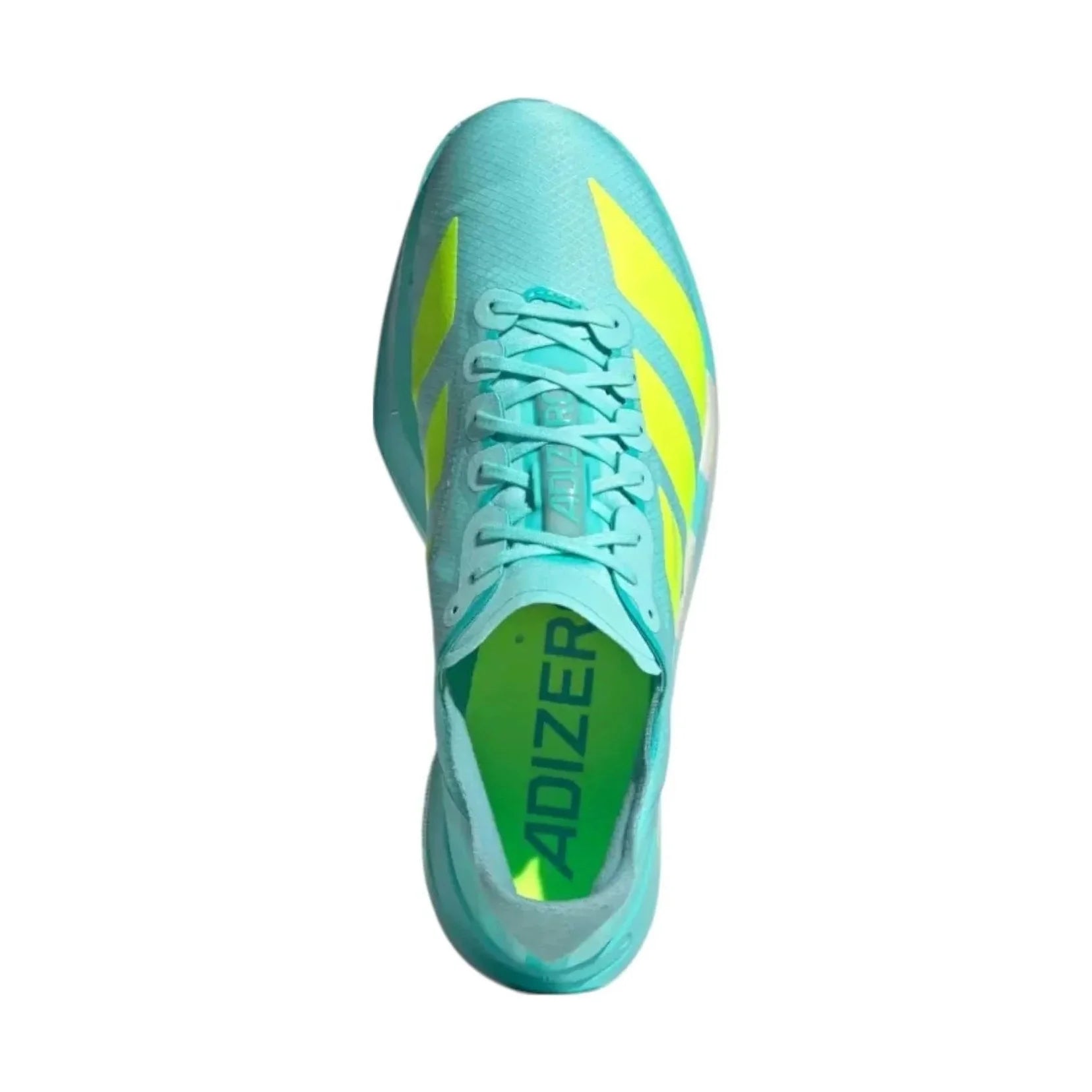 Turquoise and yellow sports shoe with 'Adizero' branding on a white background