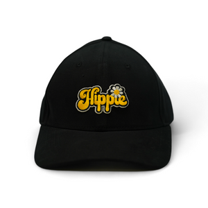 A black baseball cap with 'Hippie' text printed on the front.