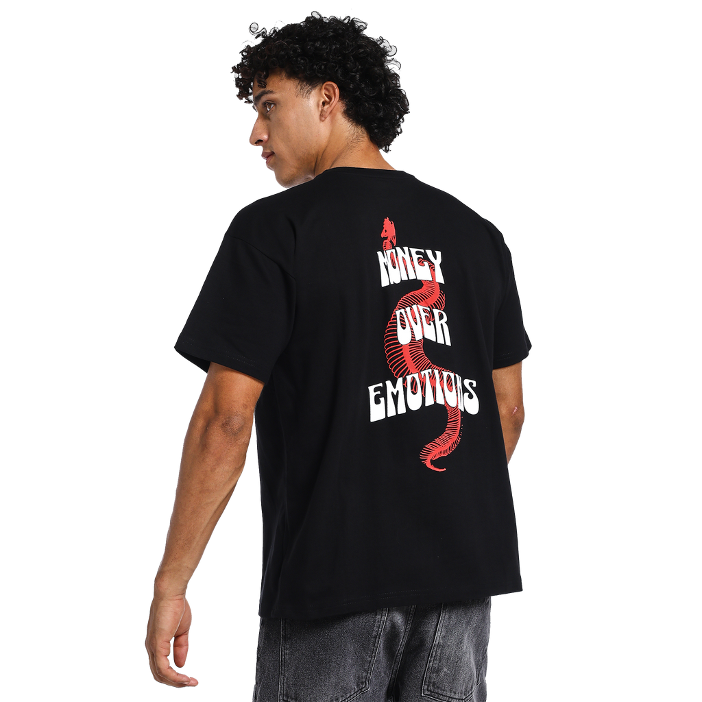 Money over emotions black puff t-shirt