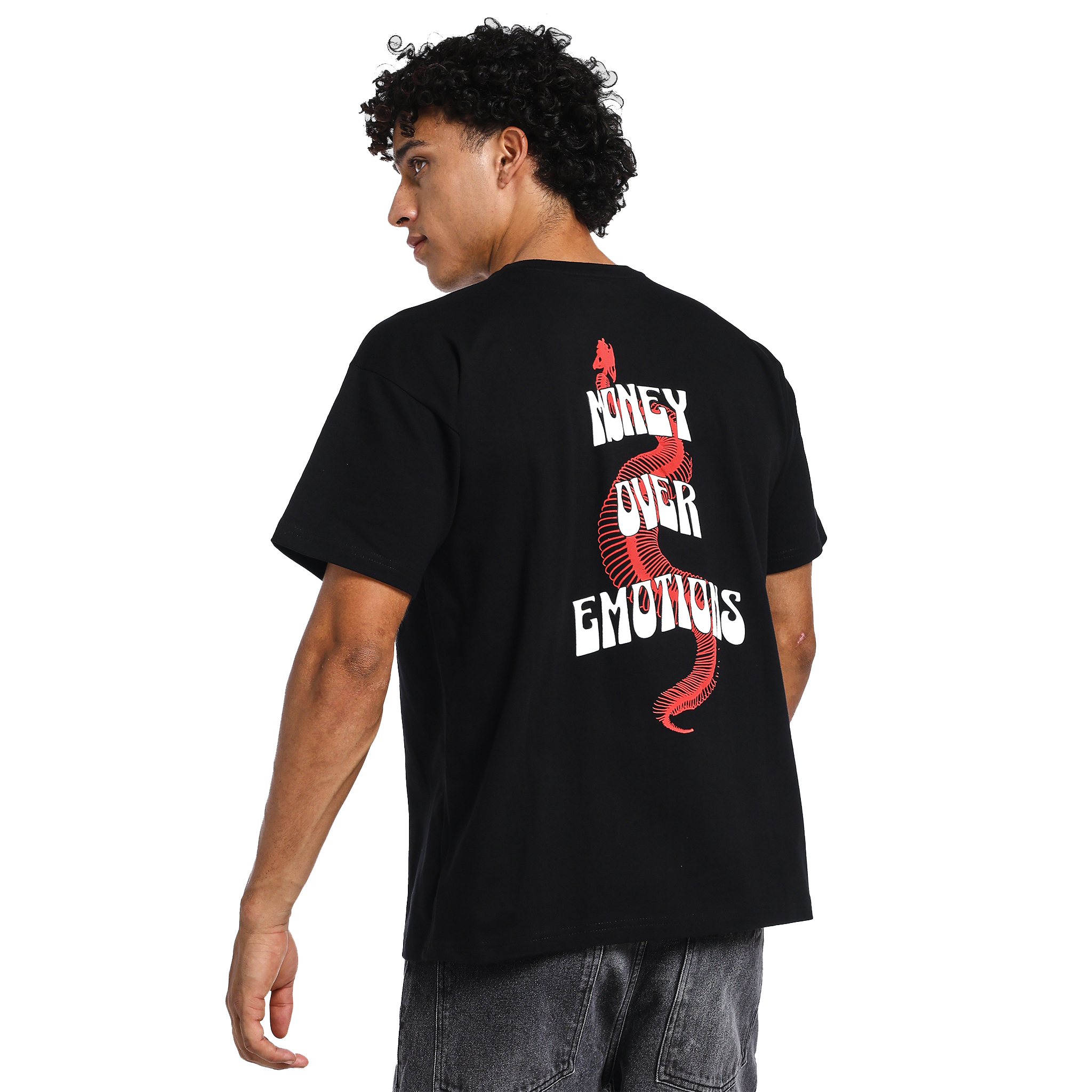 Money over emotions black puff t-shirt