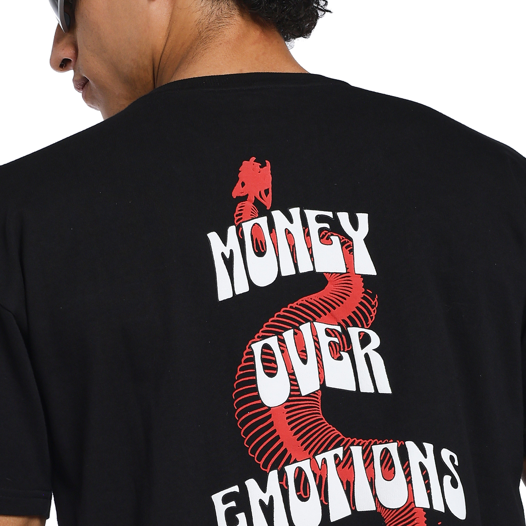 Money over emotions black puff t-shirt