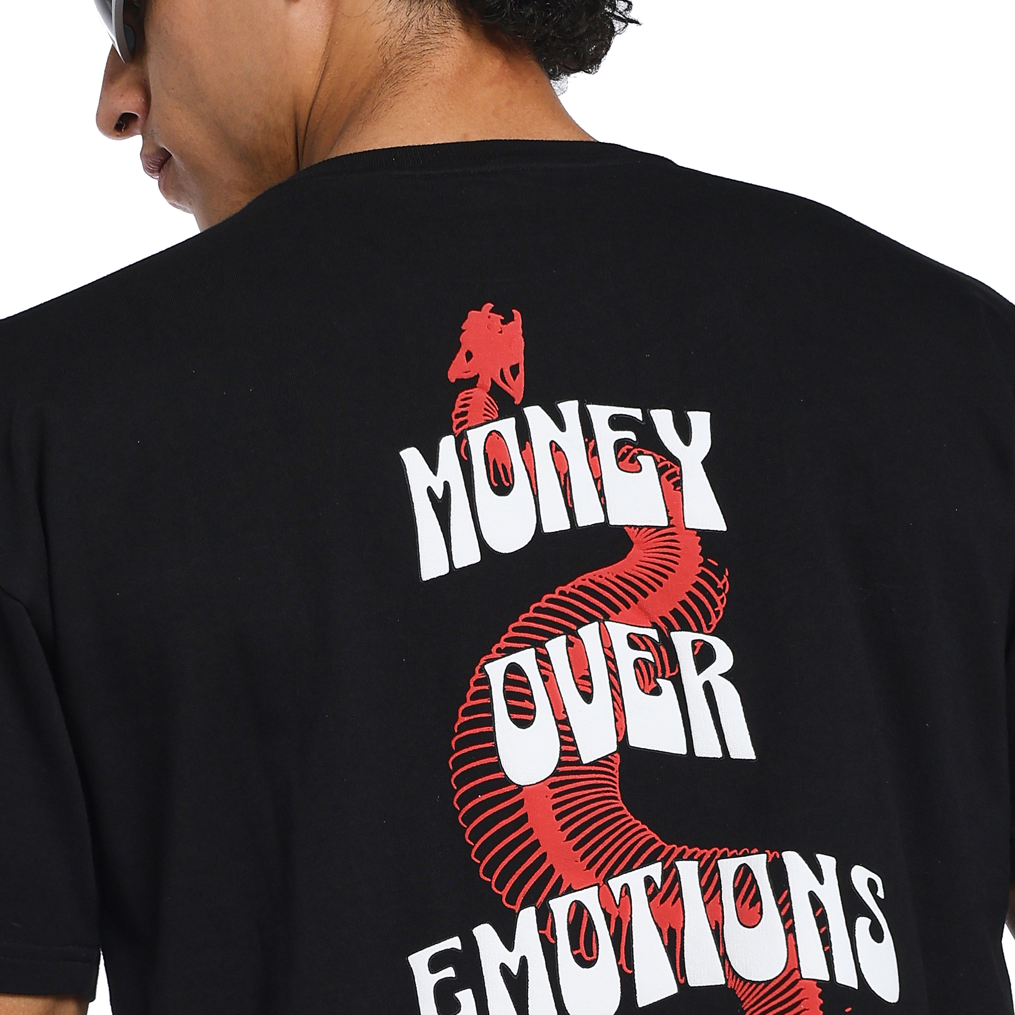 Money over emotions black puff t-shirt