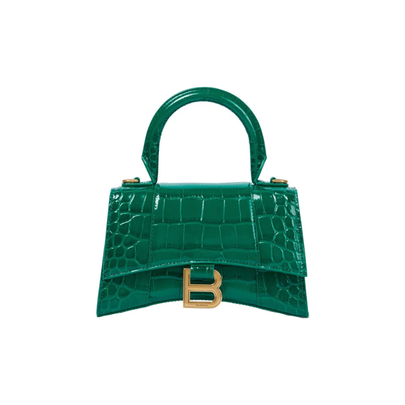 Balenciaga Hourglass Xs Top Handle Bag Crocodile Embossed Green