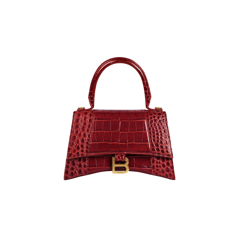 Balenciaga Hourglass Top Handle Bag Small Crocodile Embossed Dark Red