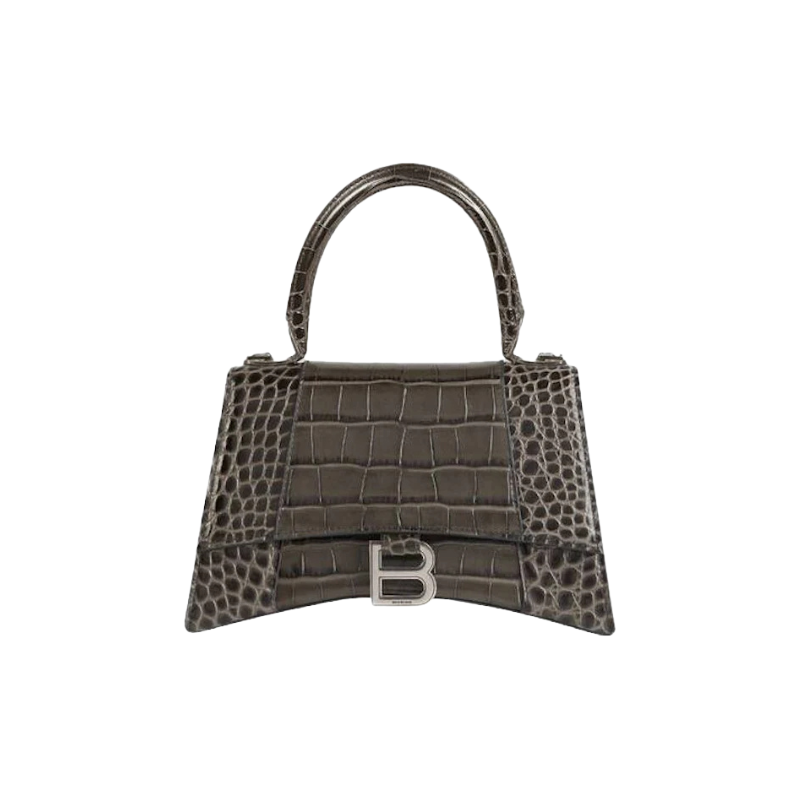 Balenciaga Hourglass Top Handle Bag Small Crocodile Embossed Dark Grey
