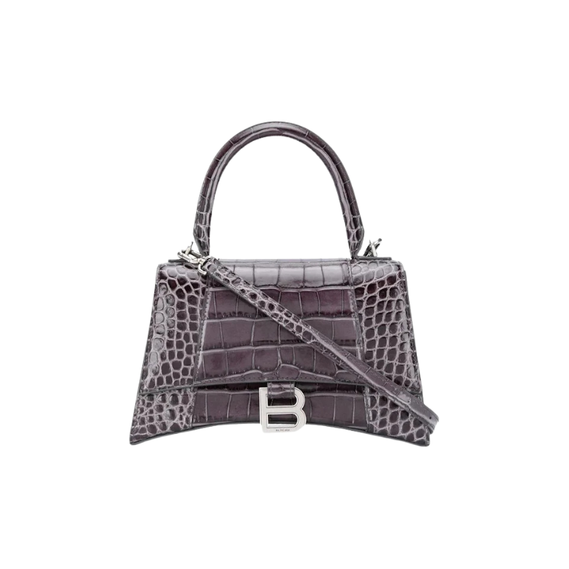 Balenciaga Hourglass Top Handle Bag Small Crocodile Embossed Grey