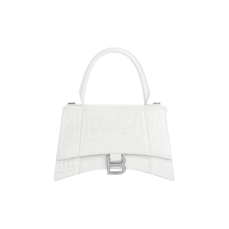 Balenciaga Hourglass Small Top Handle Bag Crocodile Embossed White