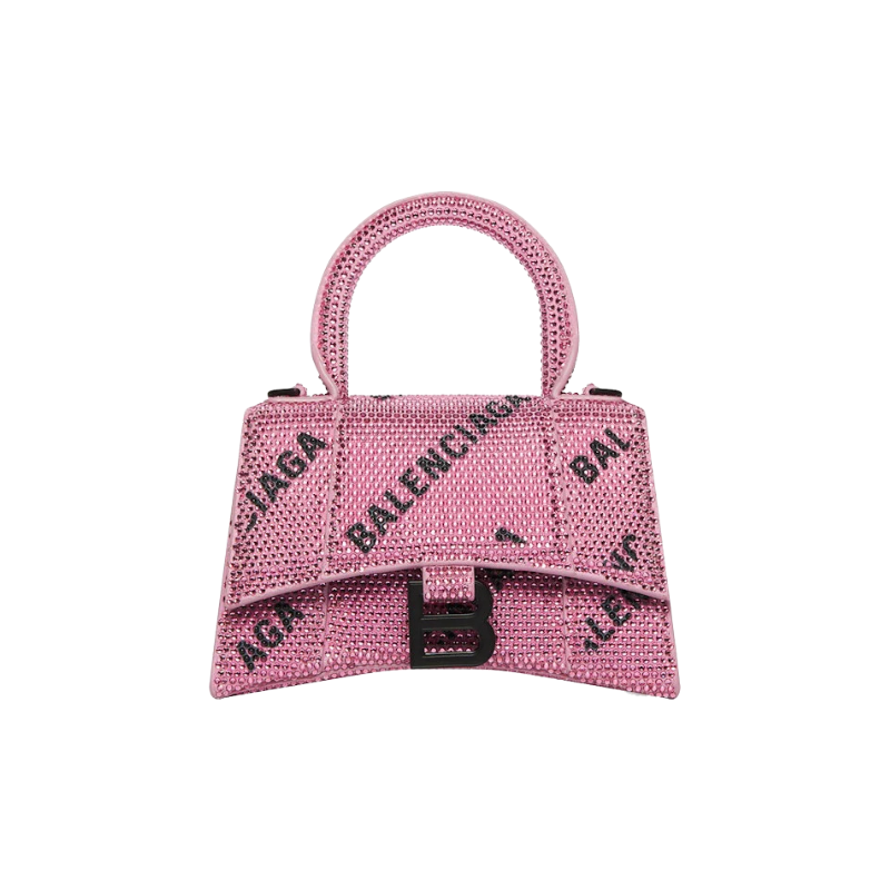 Balenciaga Hourglass Xs Handbag With Chain And Allover Logo Rhinestones Pink/Black