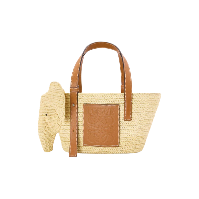 Loewe Elephant Basket Bag In Raffia And Calfskin Small Natural/Tan