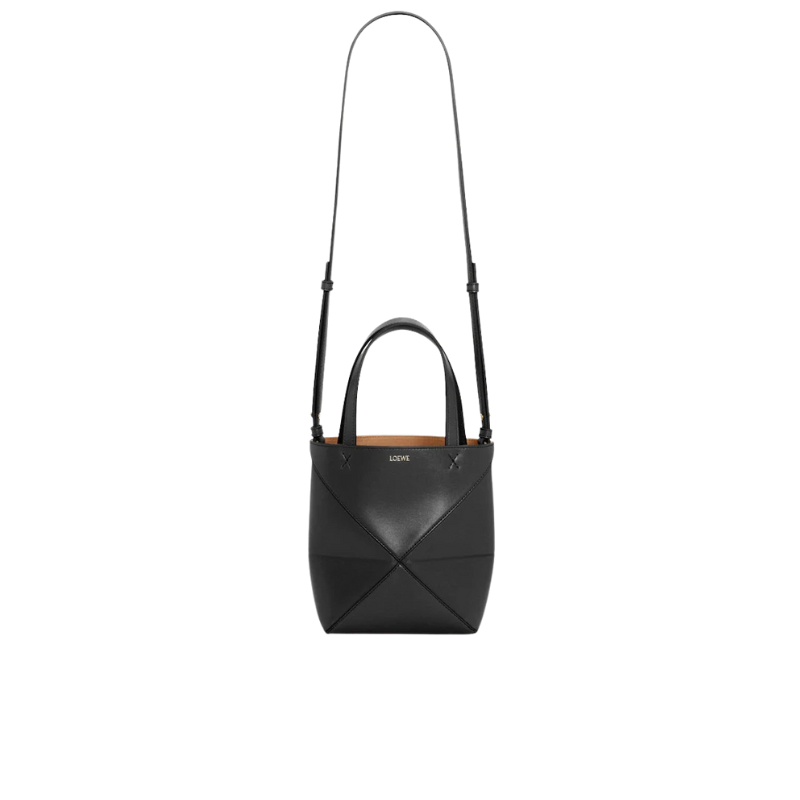 Loewe Mini Puzzle Fold Tote In Shiny Calfskin Black