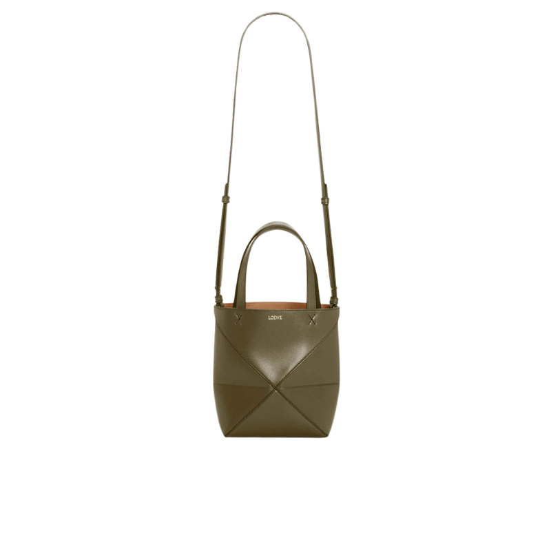 Loewe Mini Puzzle Fold Tote In Shiny Calfskin Dark Khaki Green