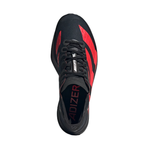 Black and red sports shoe with 'Adizero' branding on a light gray background