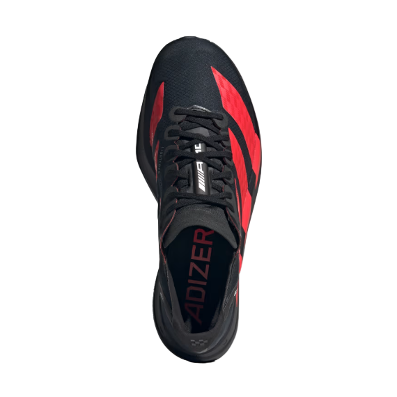 Black and red sports shoe with 'Adizero' branding on a light gray background