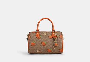 Trigger Snap Bag Charm In Signature Canvas With Orange Print - Gold/Tan Multi