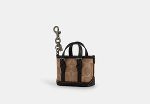 Mini Warner Tote Bag Charm In Signature Canvas - Gunmetal/Tan/Black