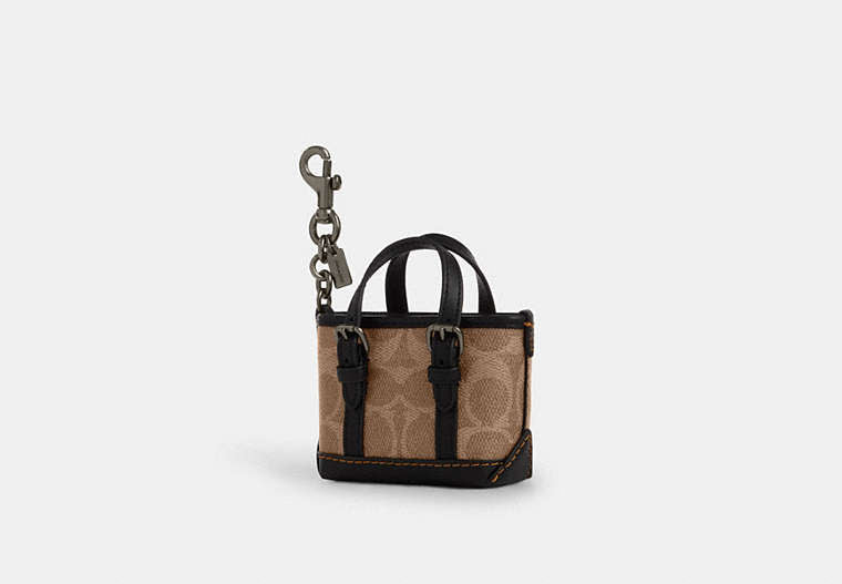 Mini Warner Tote Bag Charm In Signature Canvas - Gunmetal/Tan/Black