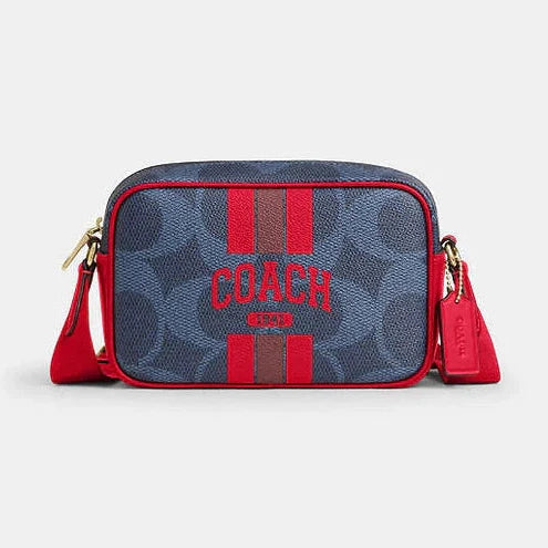 Coach Mini Jamie Camera Bag In Signature Canvas With Varsity Stripe Im-Denim-Bold Red