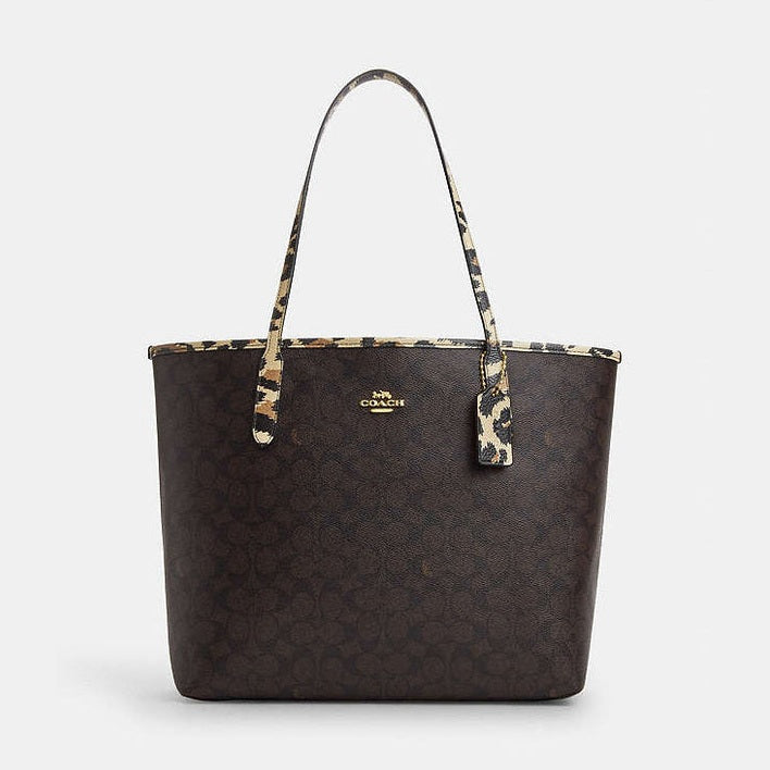 Coach City Tote Bag In Signature Canvas With Leopard Print Pebbled Leather-Im-Walnut-Leopard Multi