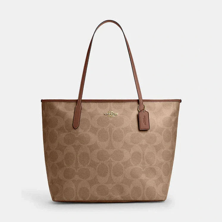 Coach Large City Tote Bag In Maxi Signature Canvas Signature Canvas-Gold-Tan-Brown