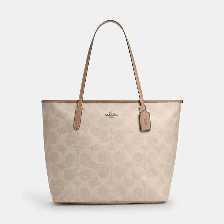 Coach Large City Tote Bag In Maxi Signature Canvas Signature Canvas-Silver-Sand-Taupe