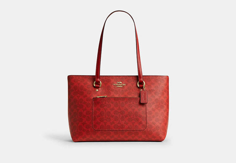 Station Tote Bag In Signature Canvas - Gold/Crimson