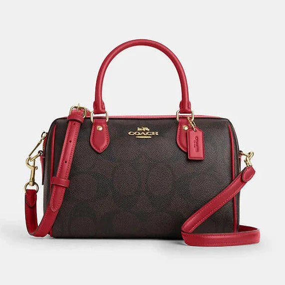 Coach Rowan Satchel Bag In Maxi Signature Canvas Signature Canvas-Im-Walnut-True Red