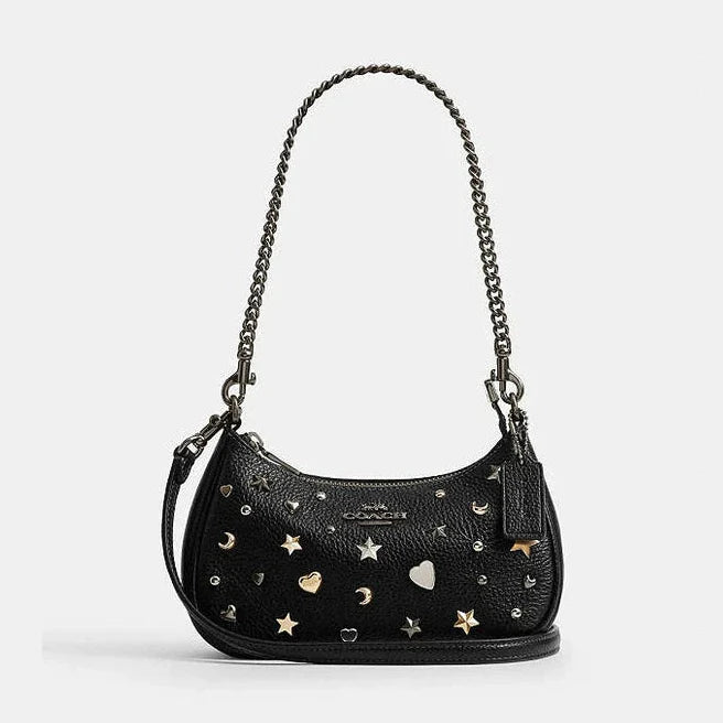 Coach Teri Mini Crossbody Bag With Rivets Pebbled Leather-Gunmetal-Black Multi