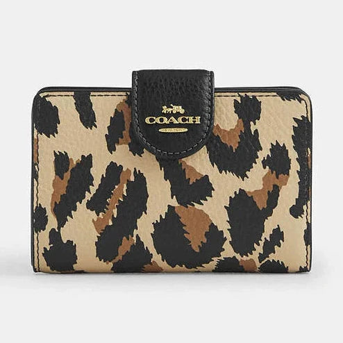 Coach Medium Corner Zip Wallet With Leopard Print Pebbled Leather-Gold-Leopard Multi