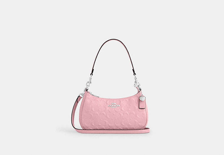 Teri Shoulder Bag In Signature Leather With Heart Charm - Silver/PINK